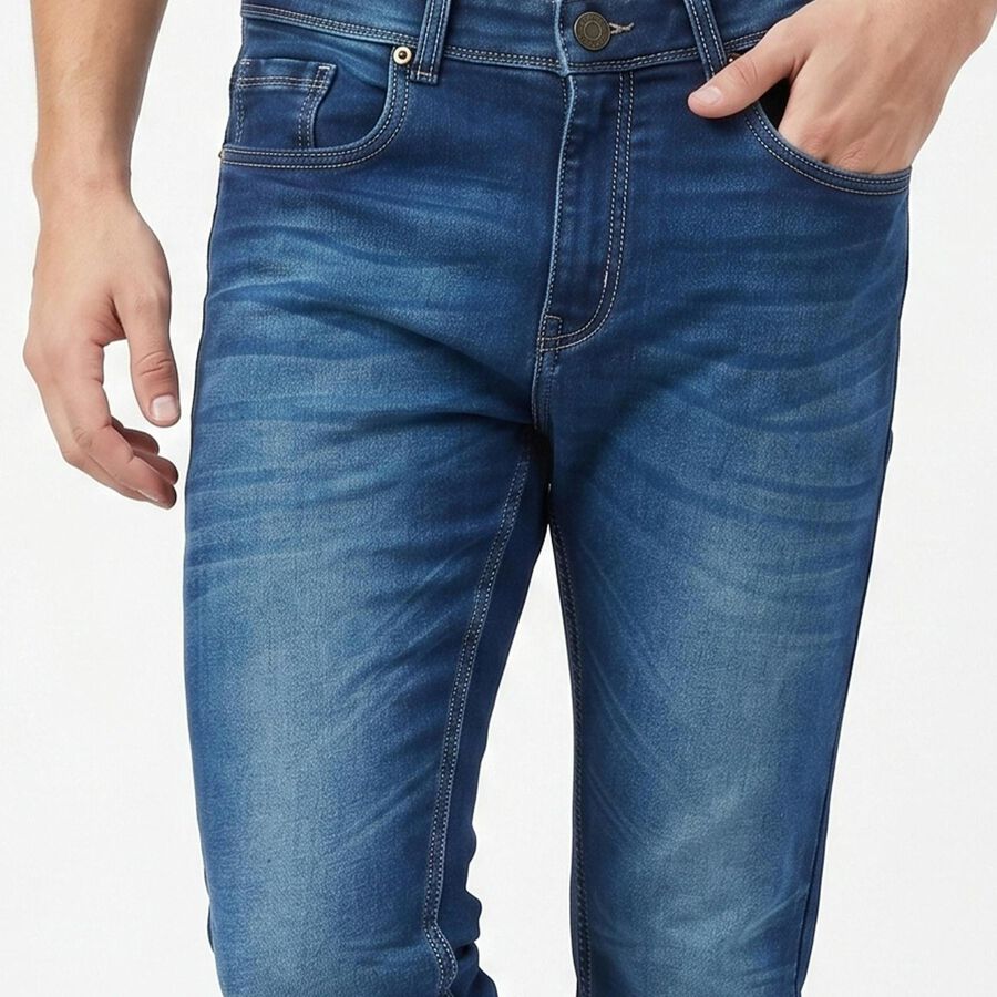 Men's Blue Slim Fit Washed Jeans, Dark Blue, large