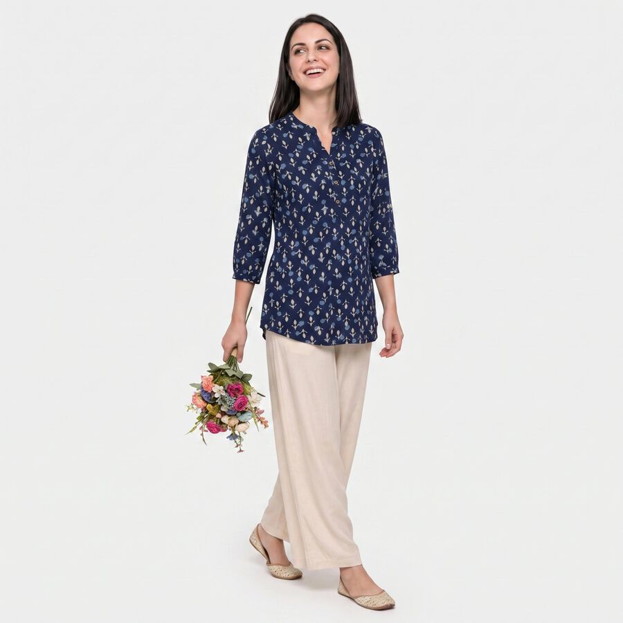 Women's Navy Blue Mandarin Collar Floral Printed Straight Kurti, गहरा नीला, large