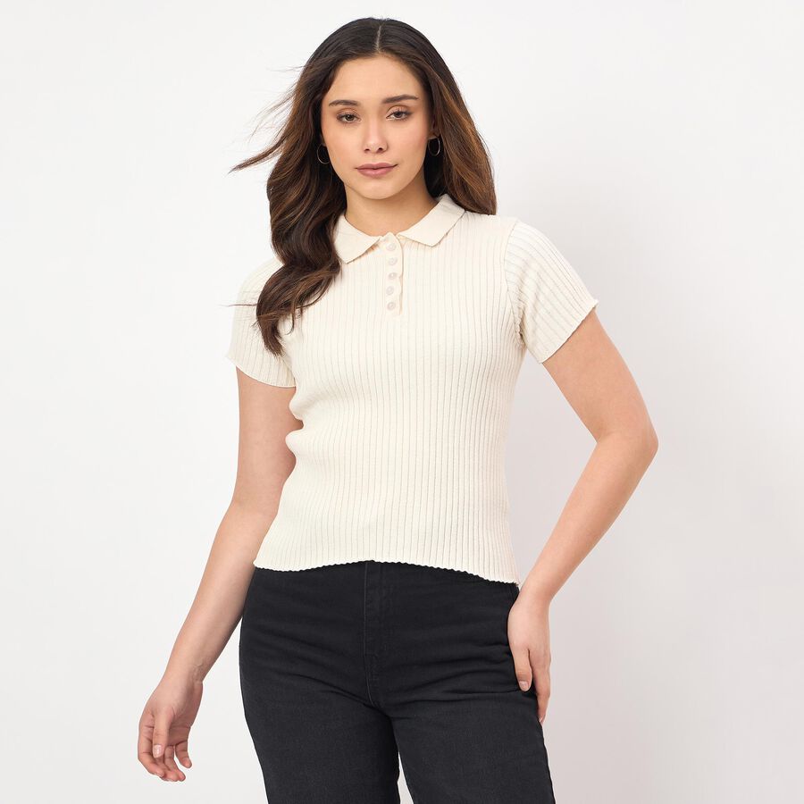 Women's White Cotton Round Neck Ruffle Sleeve Top, Off White, large