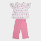 Girls' Bright Pink Cold Shoulder Floral Top and Capri Set, Light Pink, small image number null