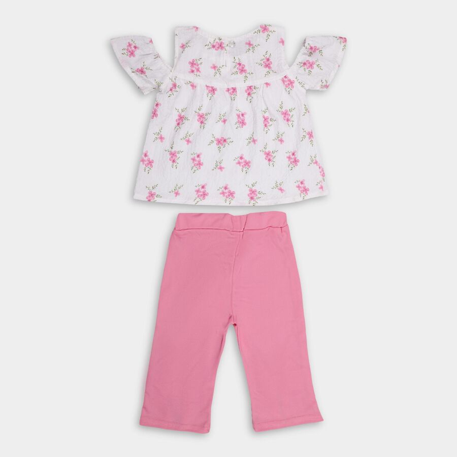 Girls' Bright Pink Cold Shoulder Floral Top and Capri Set, Light Pink, large image number null