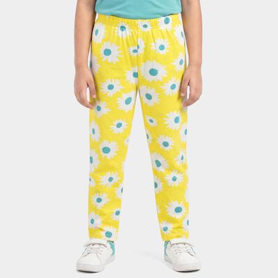 Girls' Yellow Straight Fit Floral Printed Cotton Blend Pyjama