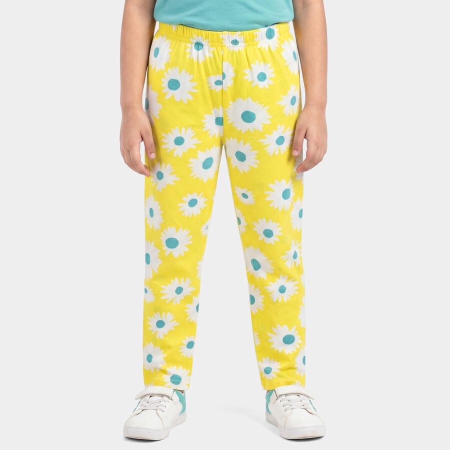 Girls' Yellow Straight Fit Floral Printed Cotton Blend Pyjama, Yellow, large