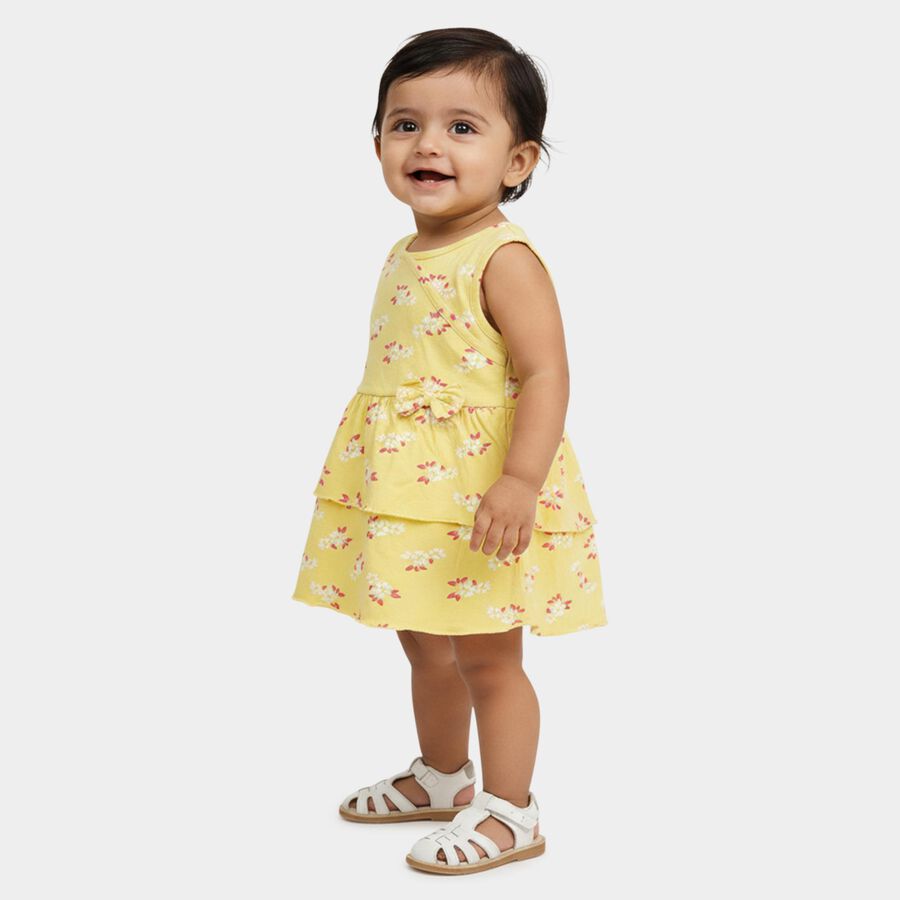 Infants' Bright Yellow Regular Fit Floral Printed Tiered Frock, Yellow, large