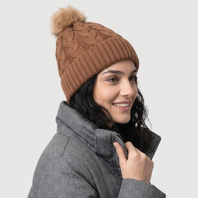 Women's Brown Cable Knit Pom-Pom Beanie Cap