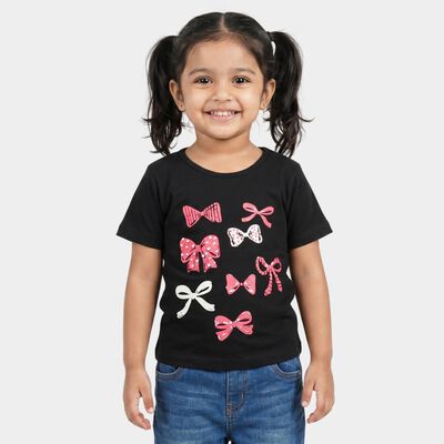 Girls Black Round Neck Regular T-Shirt
