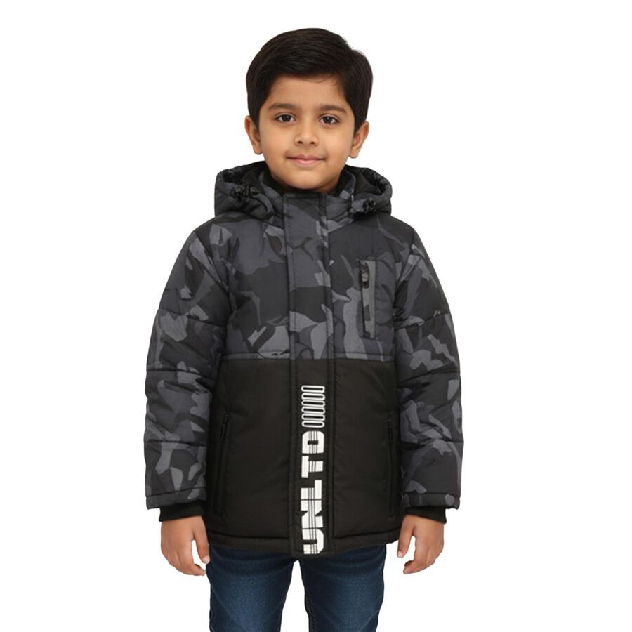 Boys' Black and Grey Hooded Casual Jacket, Mid Blue, large image number null