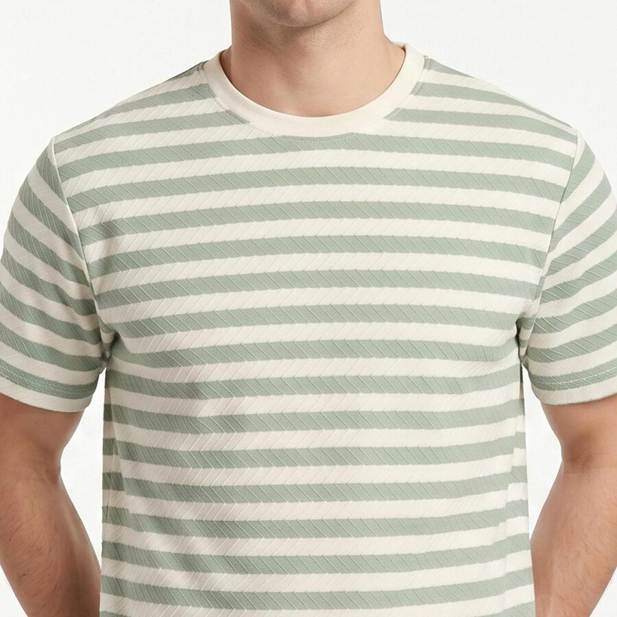 Men's Green Round Neck Striped Regular T-Shirt, Light Green, large