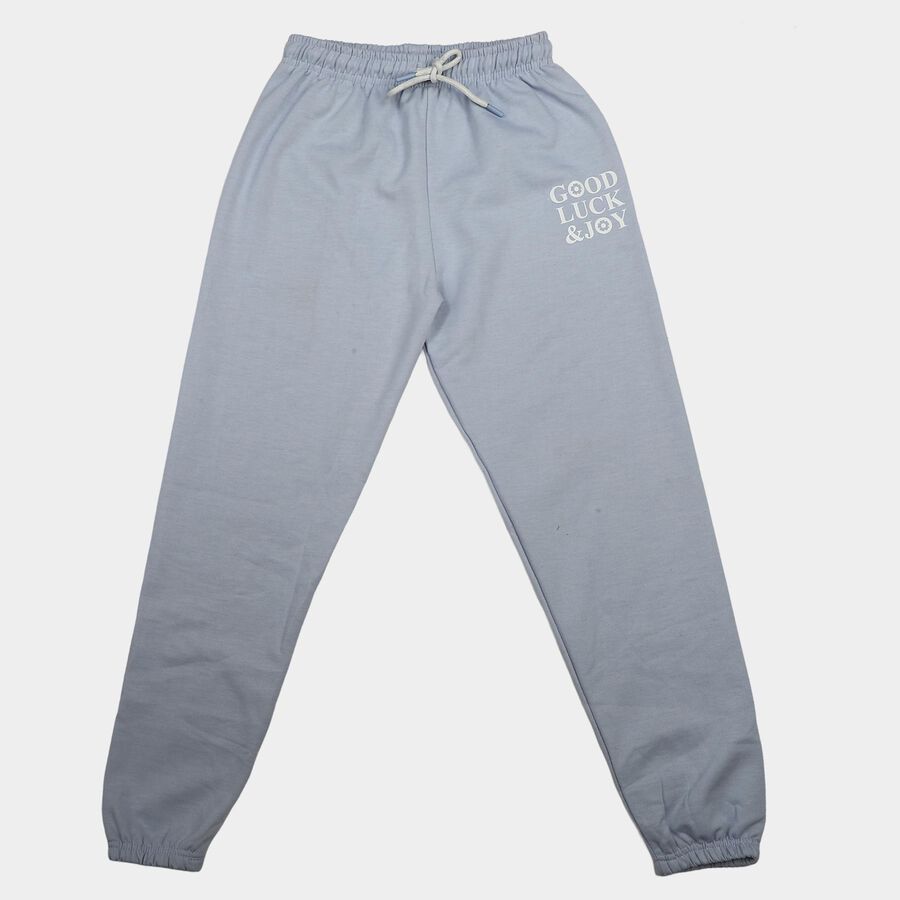 Girls' Light Blue Jogger Fit Typographic Print Winter Pyjama, हल्का नीला, large