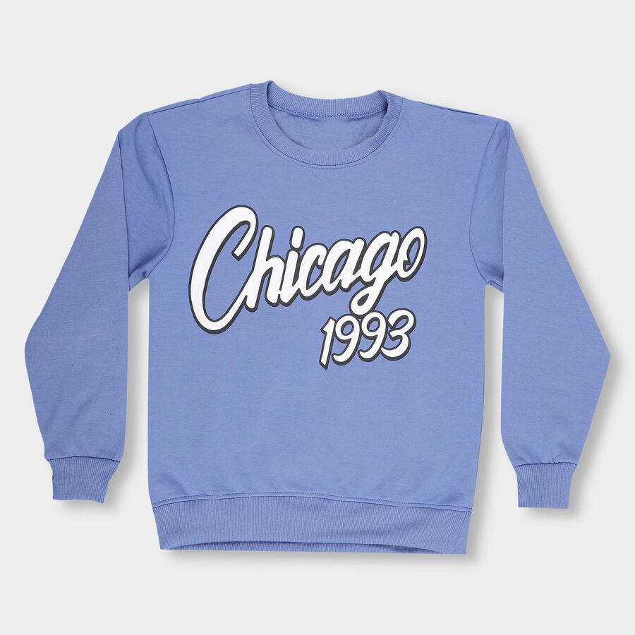 Boys Muted Steel Blue Crew Neck Graphic Sweatshirt, मध्यम नीला, large image number null