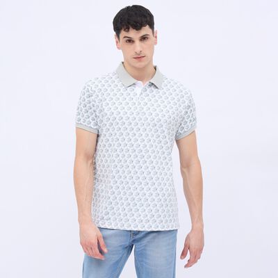 Men's Light Grey Cotton Polo Collar Printed T-Shirt