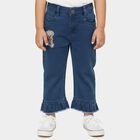 Girls' Navy Blue Regular Fit Ruffled Hem Embroidered Jeans, Mid Blue, small