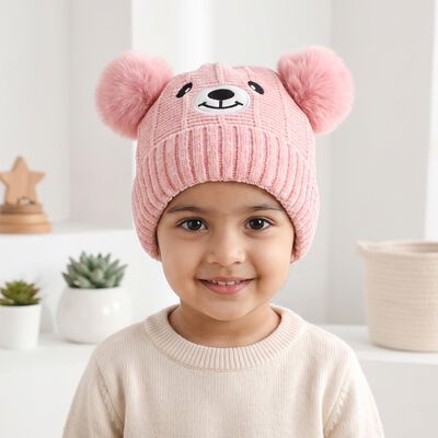 Girls' Pink Embroidered Bear Beanie Cap