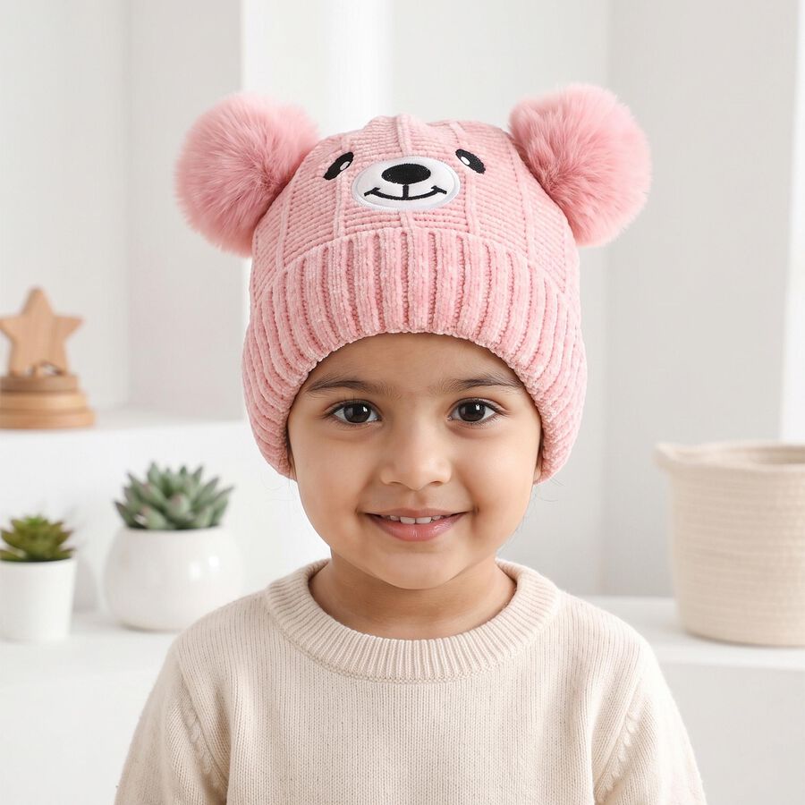 Girls' Pink Embroidered Bear Beanie Cap, Light Pink, large