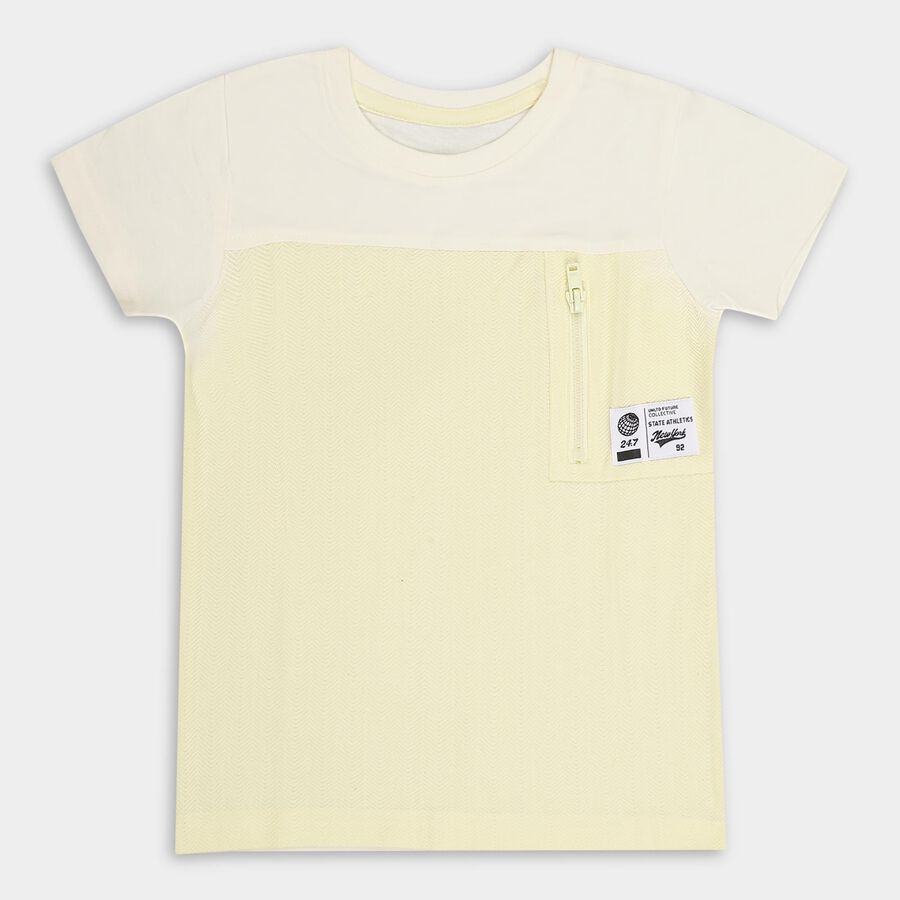 Boys' Light Yellow Cotton Round Neck Casual T-Shirt, Yellow, large
