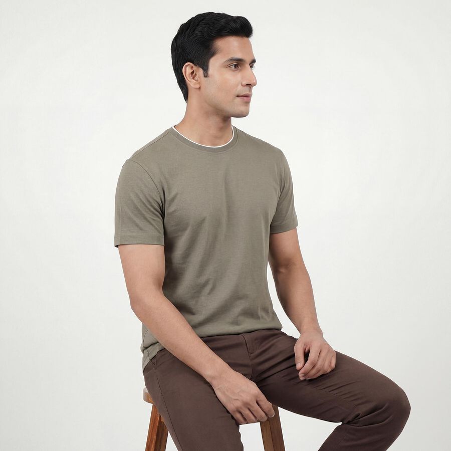 Men's Olive Cotton Round Neck Casual T-Shirt, ओलिव, large