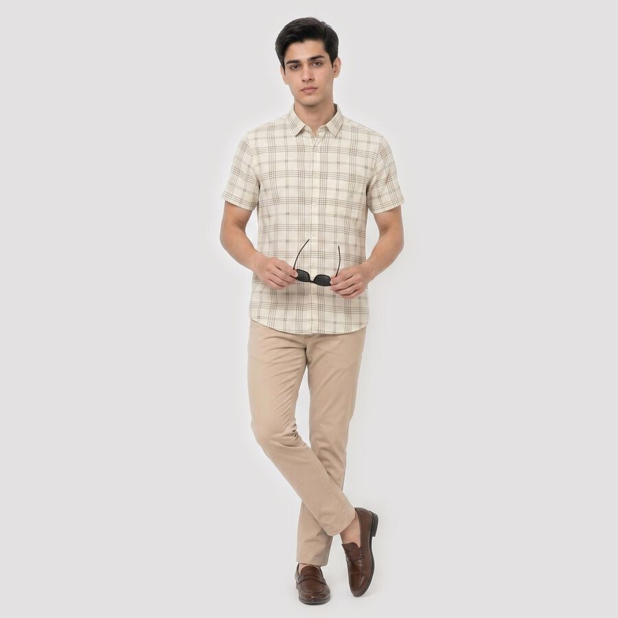 Men's Beige 100% Cotton Checked Regular Fit Casual Shirt, Beige, large