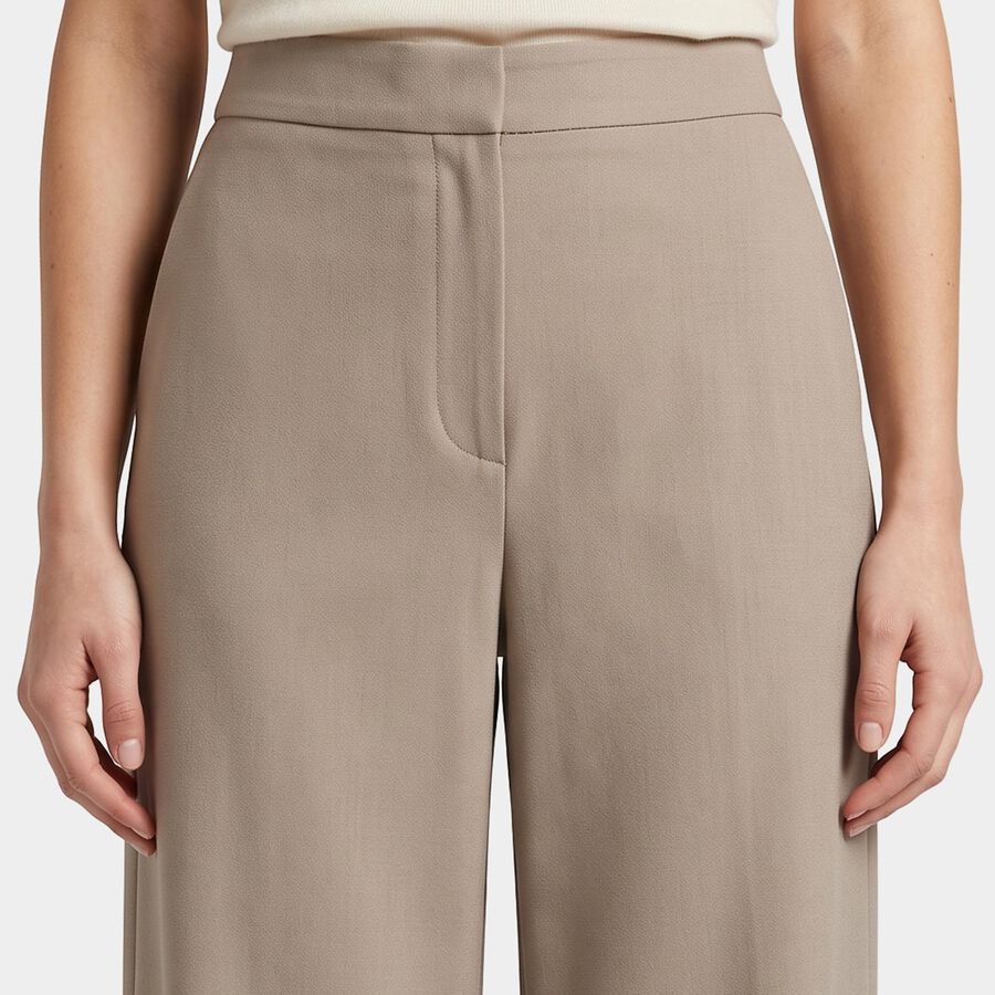 Women's Light Grey High-Rise Wide Leg Flat-Front Trousers, Light Grey, large
