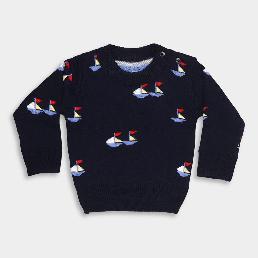 Infants' Deep Midnight Navy Blue Round Neck Casual Pullover, Navy Blue, large image number null