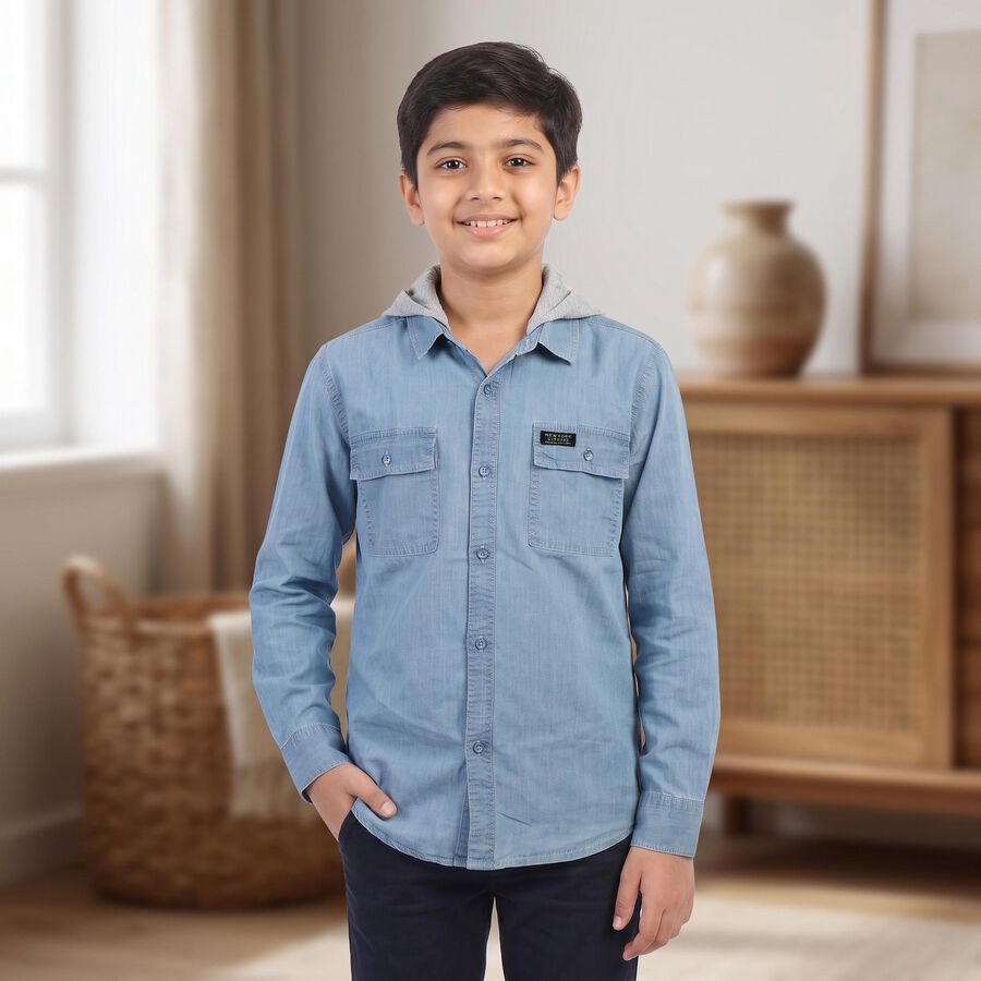 Boys' Light Blue Hooded Casual Shirt, Light Blue, large
