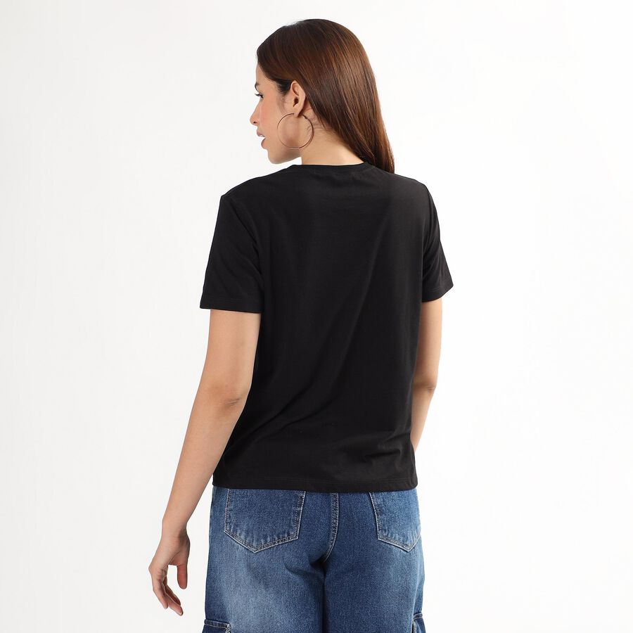 Women's Jet Black Round Neck Casual T-Shirt, काला, large
