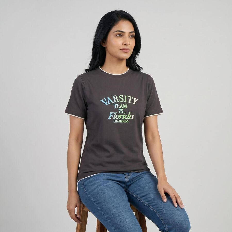 Women's Grey Round Neck Casual T-Shirt, Dark Grey, large