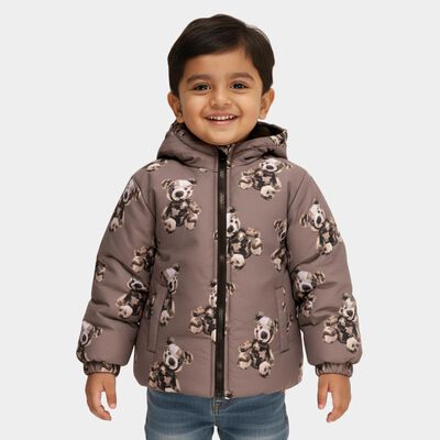 Boys Muted Brown Hooded Teddy Bear Printed Jacket