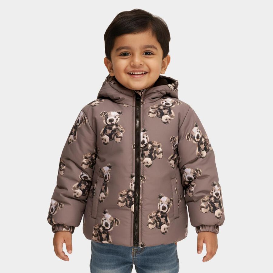 Boys Muted Brown Hooded Teddy Bear Printed Jacket, Brown, large image number null