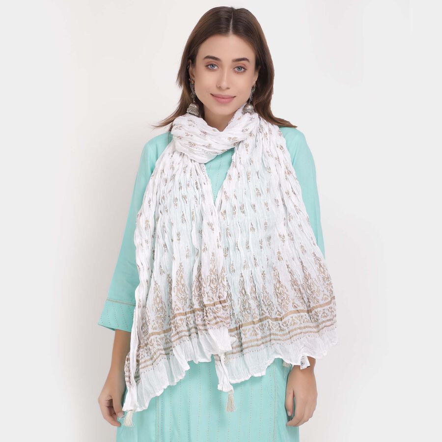Cotton Printed Crinkled Dupatta, White, large image number null