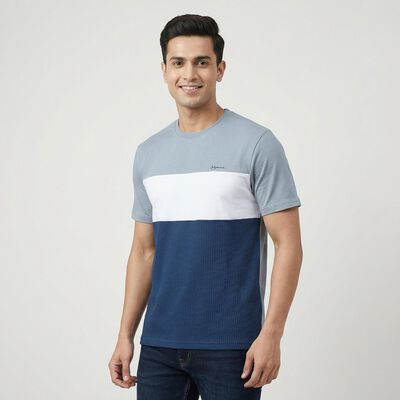 Men's Light Blue Cotton Round Neck Casual T-Shirt