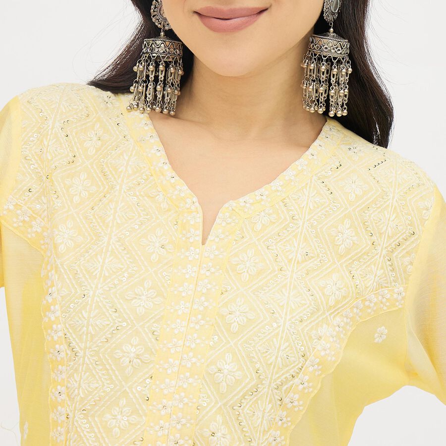 Women's Bright Lemon Yellow V-Neck Embroidered Flared Kurta, Yellow, large image number null