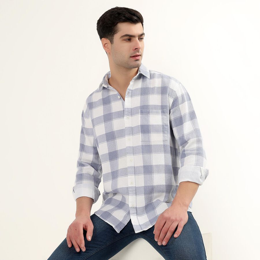 Men's Light Blue and White Cotton Full Sleeve Spread Collar Casual Shirt, Light Blue, large