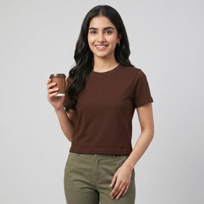 Women's Brown Cotton Blend Round Neck Regular Top