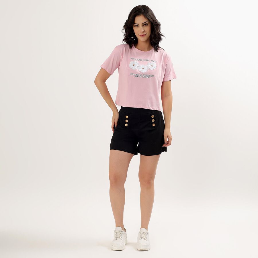 Women's Soft Pink Cotton Round Neck Crop T-Shirt, Pink, large