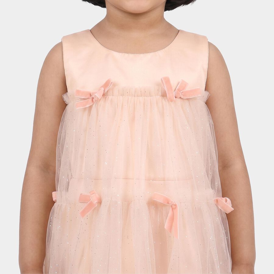 Girls' Pink Sleeveless Tiered Bow Detail Frock, Light Pink, large