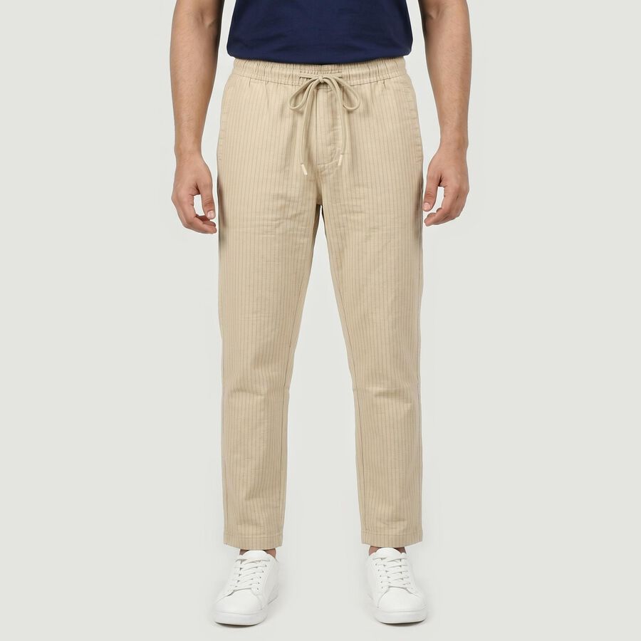 Men's Beige Slim Fit Casual Trousers, गहरा पीला, large