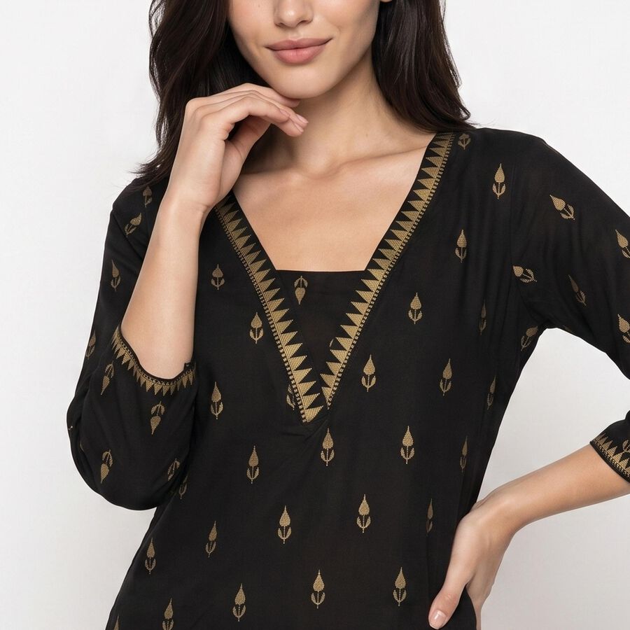 Women's Black V-Neck Printed Straight Kurti, Black, large