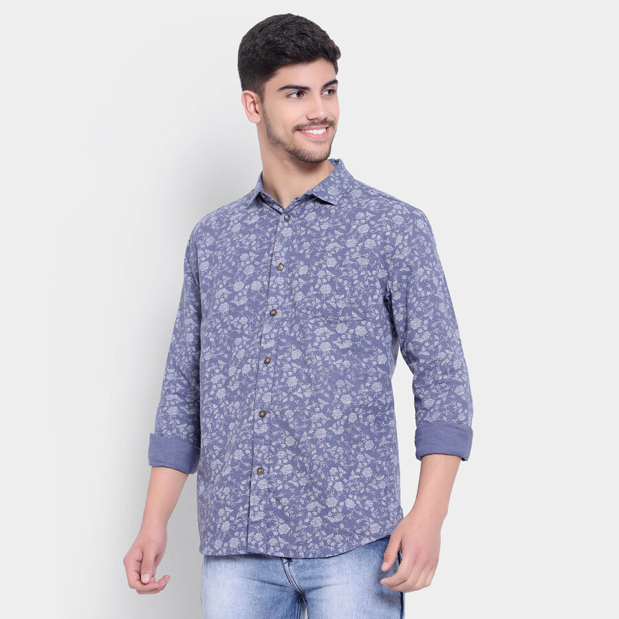 कॉटन प्रिंटेड कैजुअल शर्ट, मध्यम नीला, large image number null