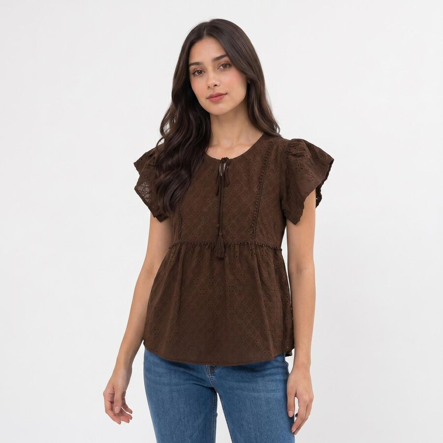 Women's Brown Round Neck Peplum Top, भूरा, large