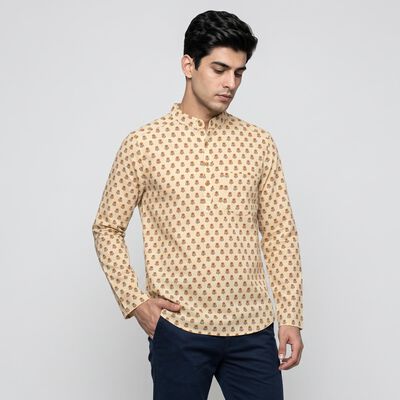 Men's Beige Cotton Mandarin Collar Printed Kurta
