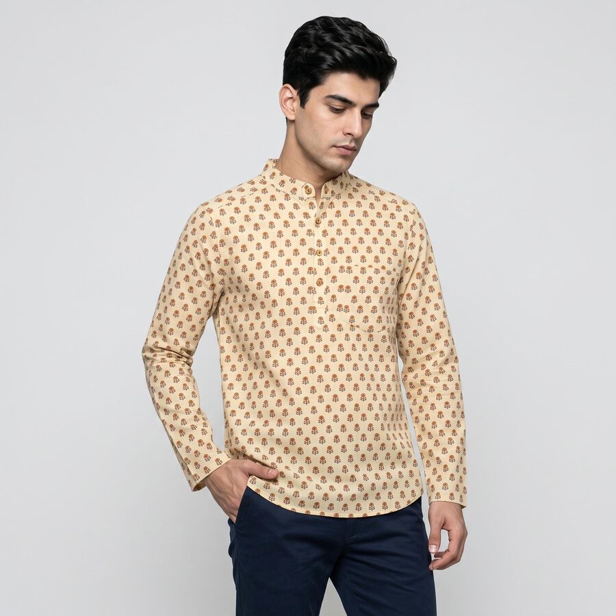 Men's Beige Cotton Mandarin Collar Printed Kurta, गहरा पीला, large