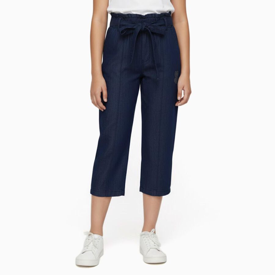 Girls' Navy Blue High Waist Paperbag Cropped Jeans, गहरा नीला, large image number null