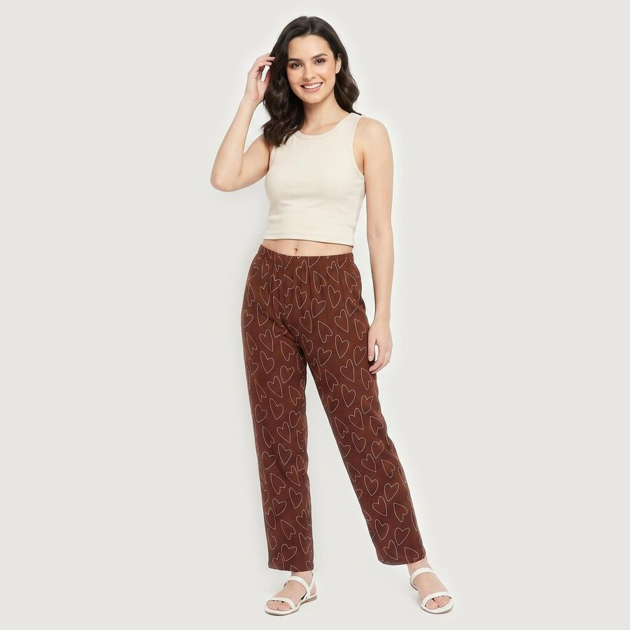 Women's Brown Straight Fit Heart Printed Pyjama, भूरा, large