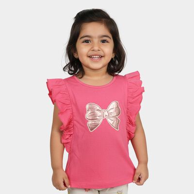 Girls Pink Cotton Round Neck Casual T-Shirt