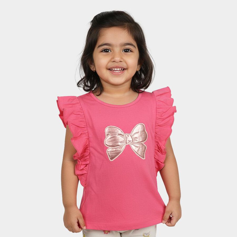 Girls Pink Cotton Round Neck Casual T-Shirt, Pink, large