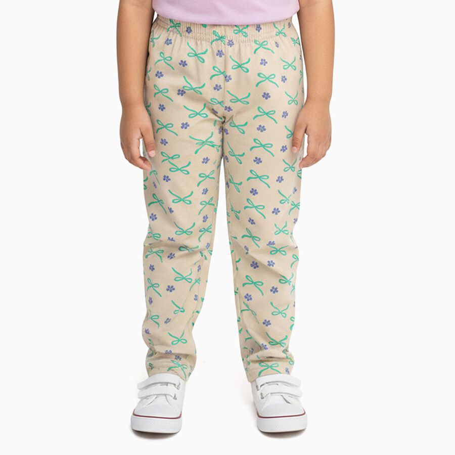 Girls Beige Bow and Floral Printed Cotton Blend Pyjama, गहरा पीला, large image number null