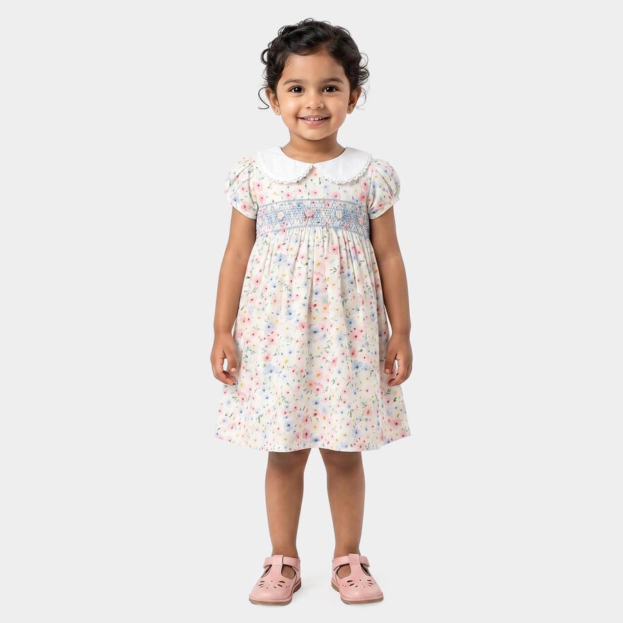 Girls' White Floral Printed Smocked Fit and Flare Frock, Off White, large