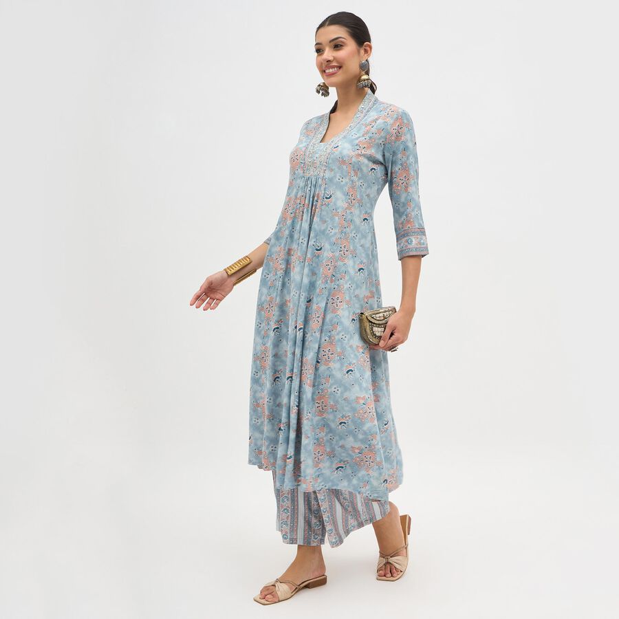 Women's Light Blue Embroidered Flared Kurta, हल्का नीला, large image number null