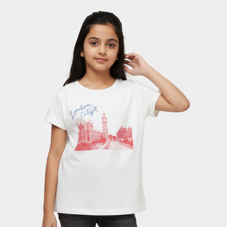 Girls' White Round Neck Casual T-Shirt, ऑफ व्हाइट, large