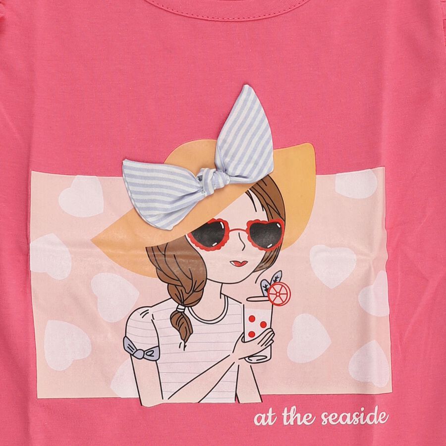 Girls Bright Pink Cotton Round Neck Casual T-Shirt, गुलाबी, large